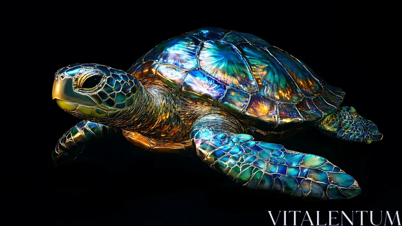 Iridescent 3D sea turtle sculpture glows against black background