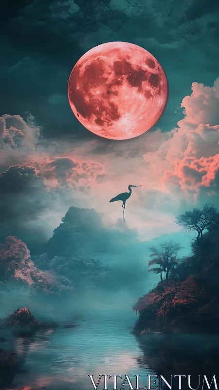 Red moon over misty river valley with solitary heron silhouette