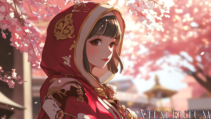 Hooded shrine maiden under prunus blossom bokeh field.