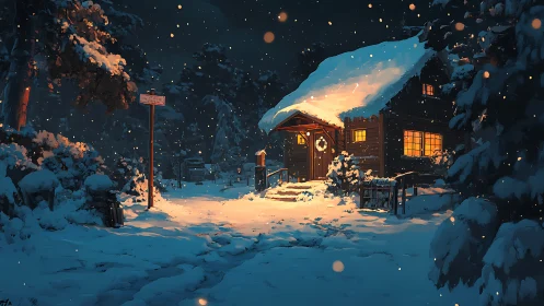 Snowbound cottage glows against nocturnal forest in digital tableau