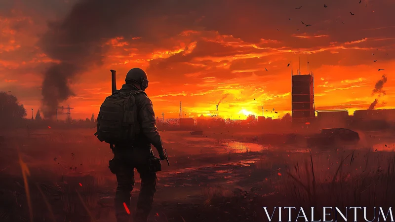 Lone wanderer walks toward a burning sunset over ruined city