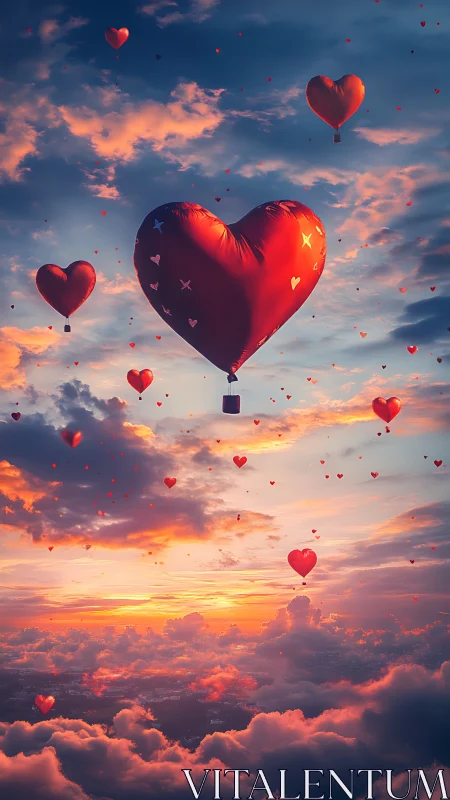 Heart-Shaped Balloons Ascending Through Sunset Clouds