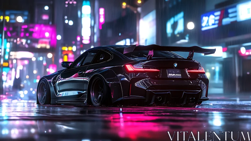 Neon-soaked BMW coupe in rain-slick cyber-urban streetscape.