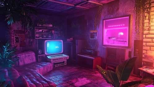 Retro-futuristic living room with neon lighting and plants.