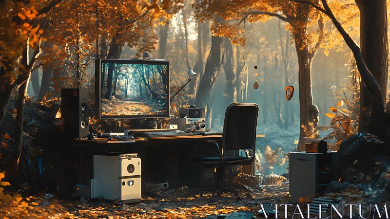 Outdoor computer workstation in dense autumn forest scene.
