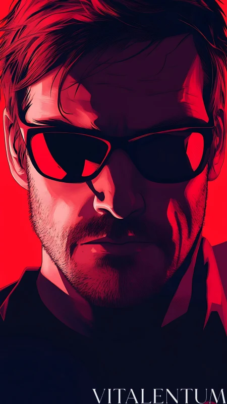 Bold red portrait of man in sunglasses with hard shadows.