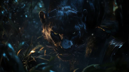 Black Panther Prowling Through Moonlit Jungle Undergrowth.