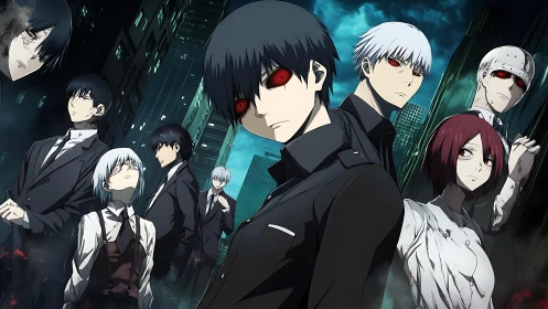 Brooding red-eyed anime figures dominate a tense night cityscape