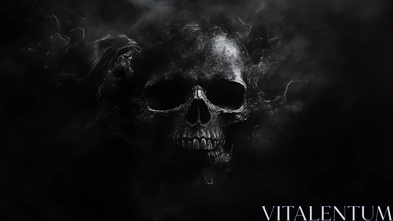 Brooding skull emerges from swirling dark mist with quiet power