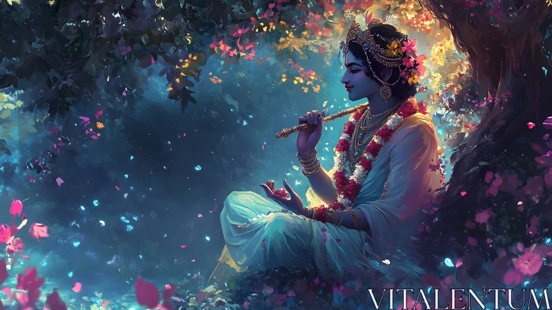 Luminous deity figure playing flute under foliage with bokeh light