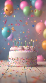 Jubilant Celebration Cake Surrounded by Floating Balloons and Confetti