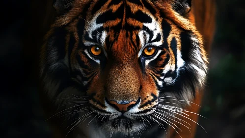 Tiger eyes carve molten light through the jungle hush