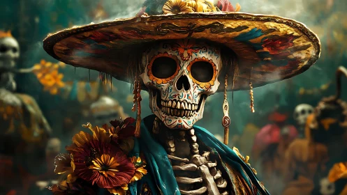 Skeleton figure in ornate hat amid festival setting.