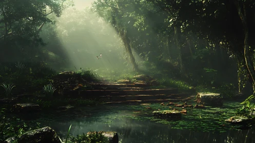 Mystical Forest Stream: Luminous Woodland Sanctuary with Cascading Light.