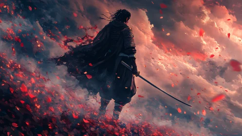 Lone samurai with drawn katana amid swirling petals.