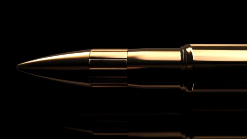 Gilded bullet silhouette gliding through cinematic blackness.