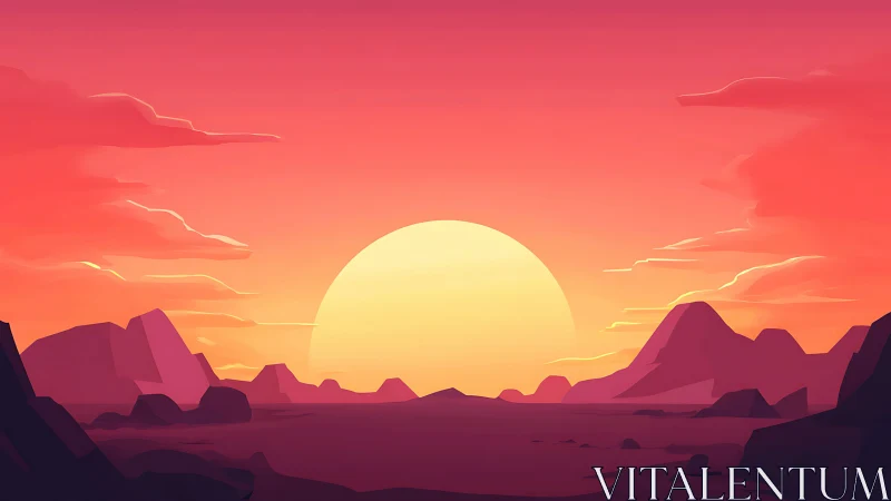 Minimal desert sunset over stylized rocky canyon horizon.