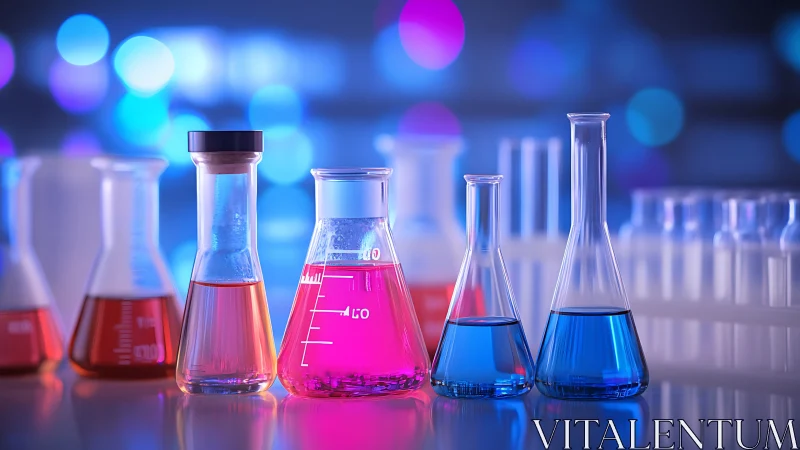 Colorful science lab beakers glowing in soft neon light.