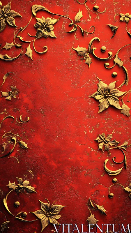 Golden floral ornaments curl across a rich red backdrop.