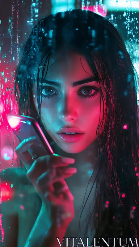 Neon rain whispers and a glowing phone-lit gaze.
