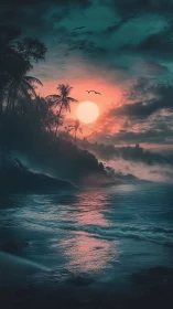Moonlit tropical shore glows softly in dreamy twilight hues