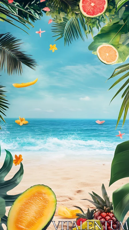 Tropical beach backdrop with floating citrus and melon slices