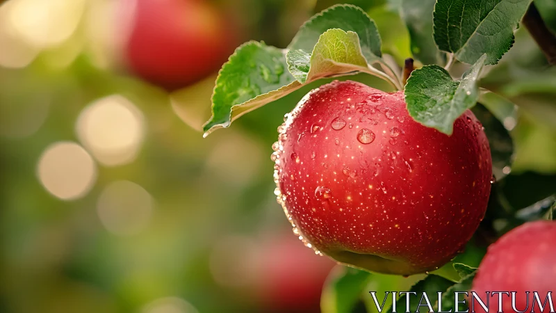 Macro study of dew-laden red apple under shallow depth-of-field.