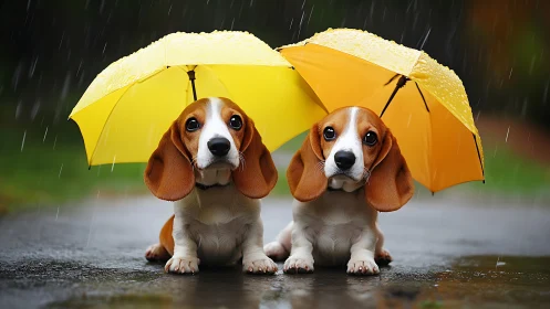 Beagle puppies under yellow umbrellas on rainy street.