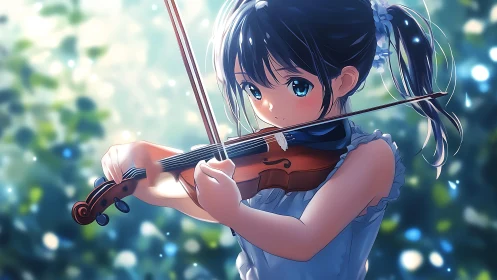Outdoor anime violinist in bokeh-suffused luminous focus.