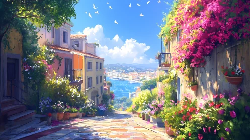 Sunlit Mediterranean alley descends toward a radiant coastal bay