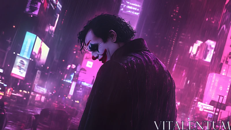 Lonely clown stalks neon city streets under relentless rain