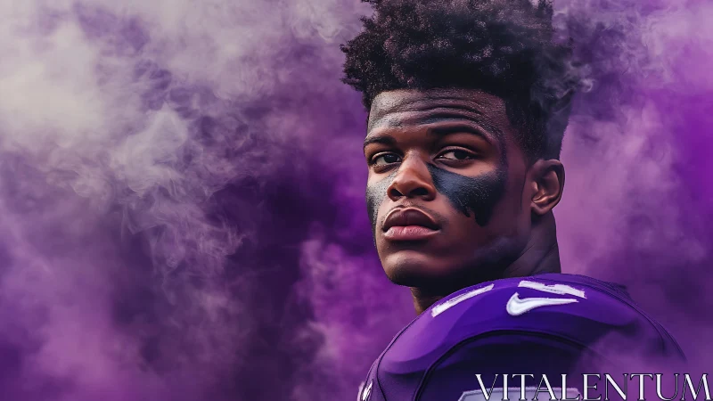 Football player in purple uniform stands in dense purple smoke