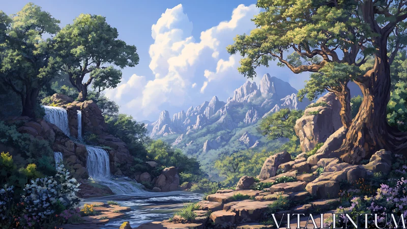 Mountain valley landscape with waterfall, stream and trees.