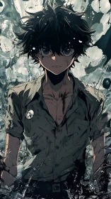 Defiant anime boy rises through splintered water chaos.