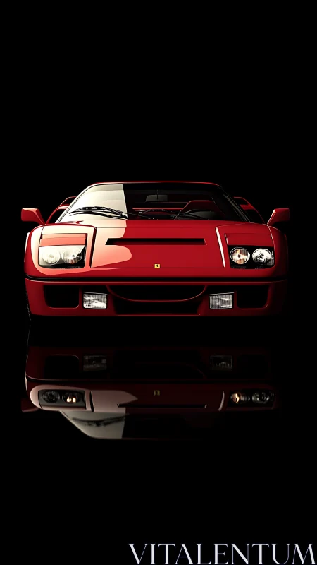 Red sports car front view on black reflective background.