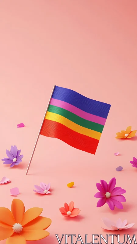 Colorful striped flag and flowers on soft pink background.