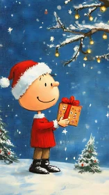 Cartoon child holds wrapped gift in snowy outdoor scene