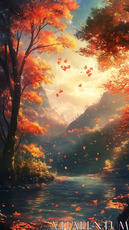 Autumn forest river under warm light with falling leaves.