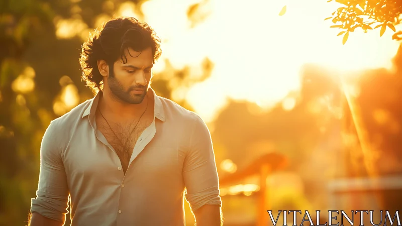 Photorealistic sunset portrait in warm backlit framing.