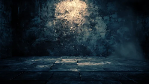 Aged concrete chamber with spotlight on textured back wall