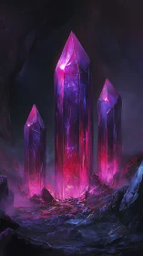 Three luminous magenta crystal monoliths rise in a cavern
