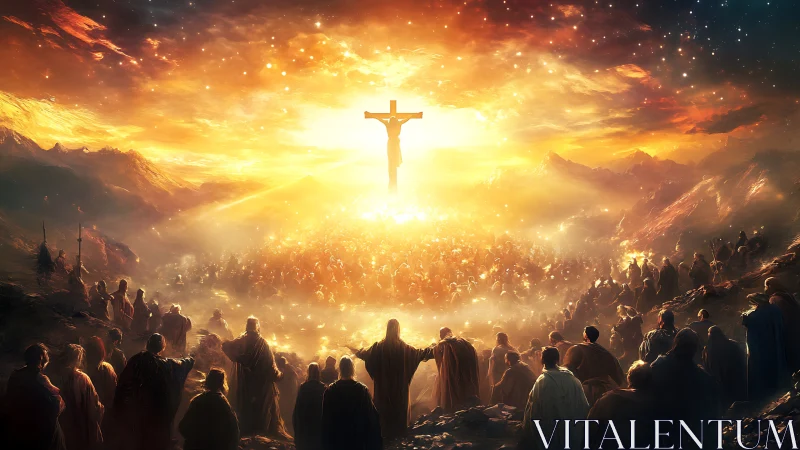 Radiant crucifixion vision over luminous gathered multitude.