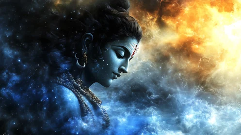 Cosmic blue deity profile divides darkness and radiant fire