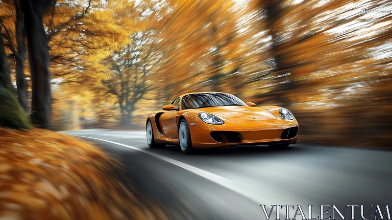 Orange sports coupé cutting through dynamic autumn motion blur.