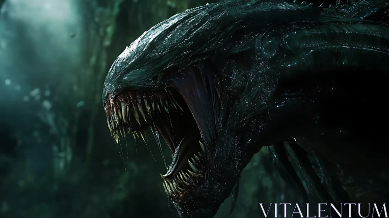 Predatory alien creature profile with open segmented jaws.