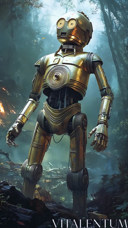 Weathered golden robot standing alone in misty forest.