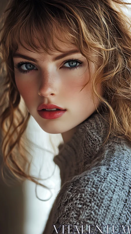 Softly lit portrait of a cozy, blue-eyed young woman.