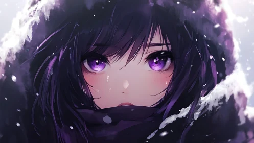 Purple-luminescent gaze framed by snow-laden hood portrait.