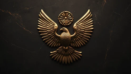 Golden heraldic eagle emblem on dark marble background.