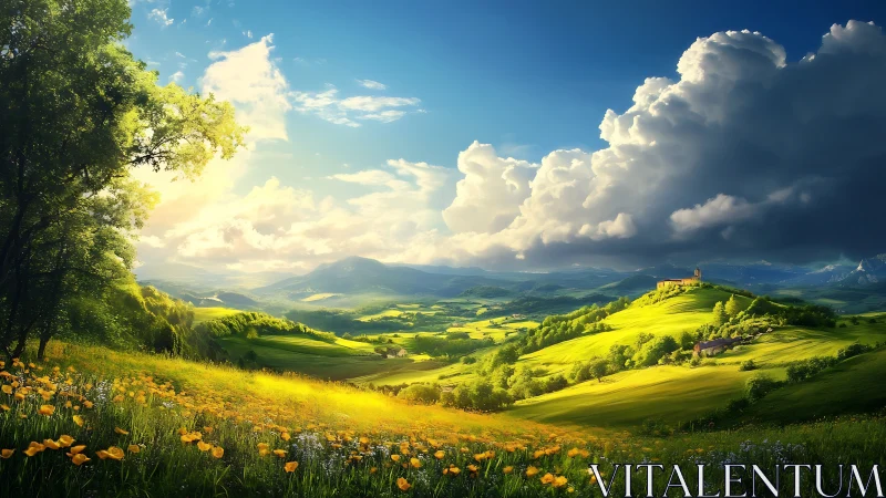 Sunlit wildflower valley beneath a wandering kingdom of clouds.